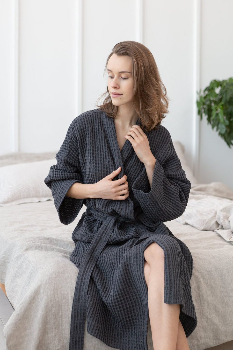 Grey linen waffle robe - Linen Couture