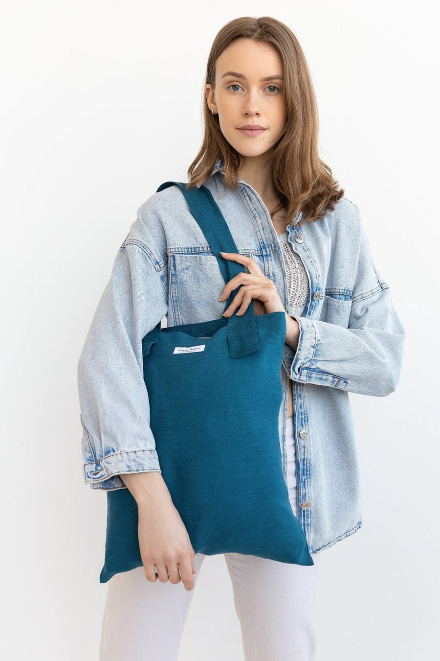 Greyish Green linen large tote bag - Linen Couture