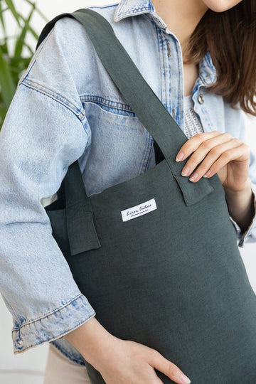 Greyish Green linen large tote bag - Linen Couture