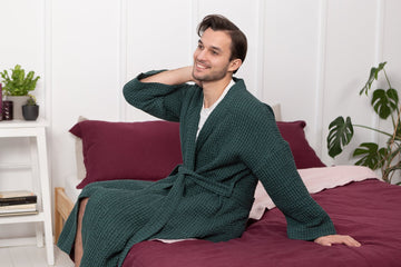 Greyish Green linen waffle robe for men - Linen Couture
