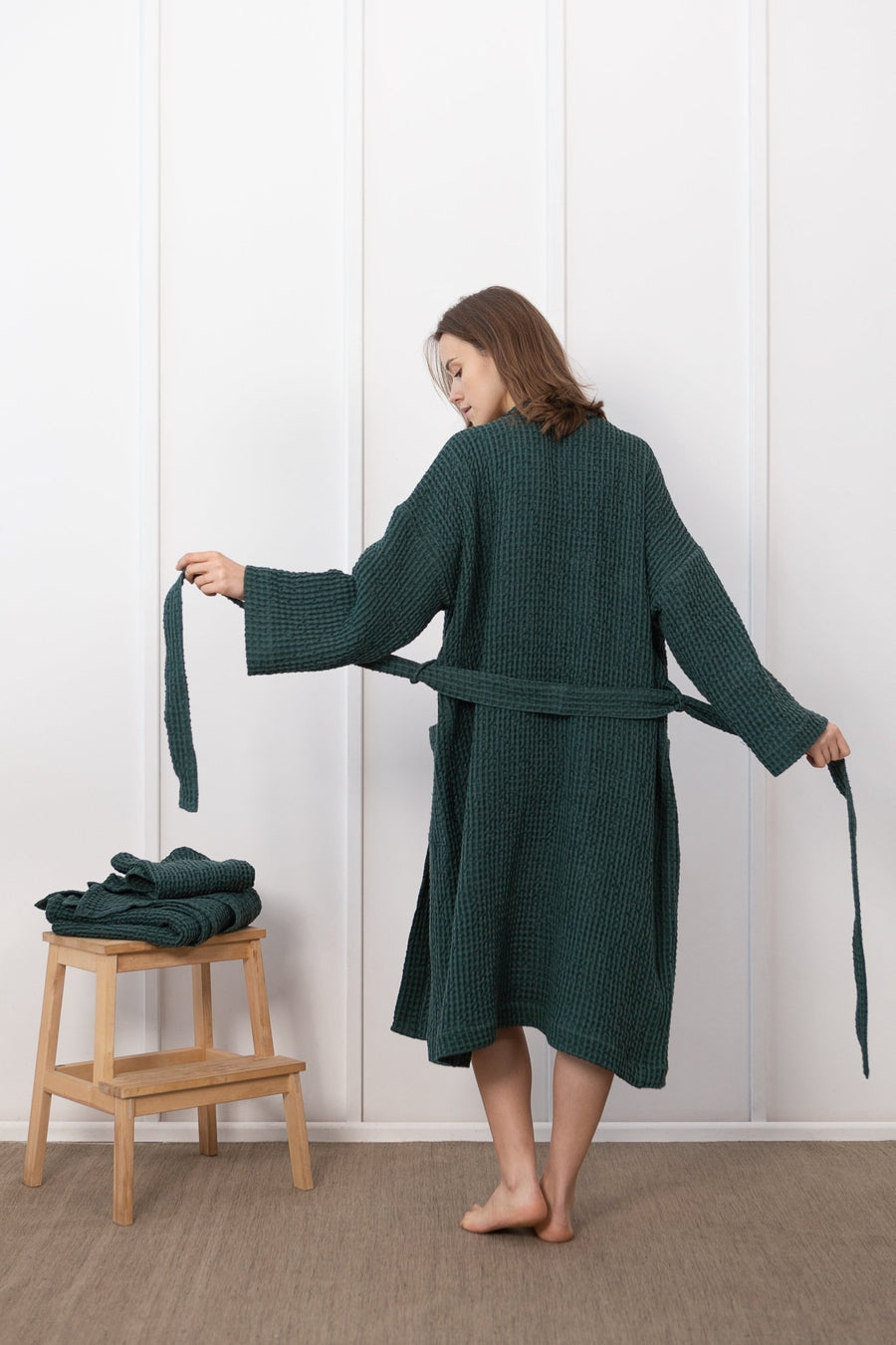 Greyish Green linen waffle robe - Linen Couture
