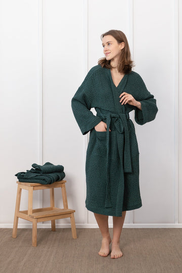 Greyish Green linen waffle robe - Linen Couture