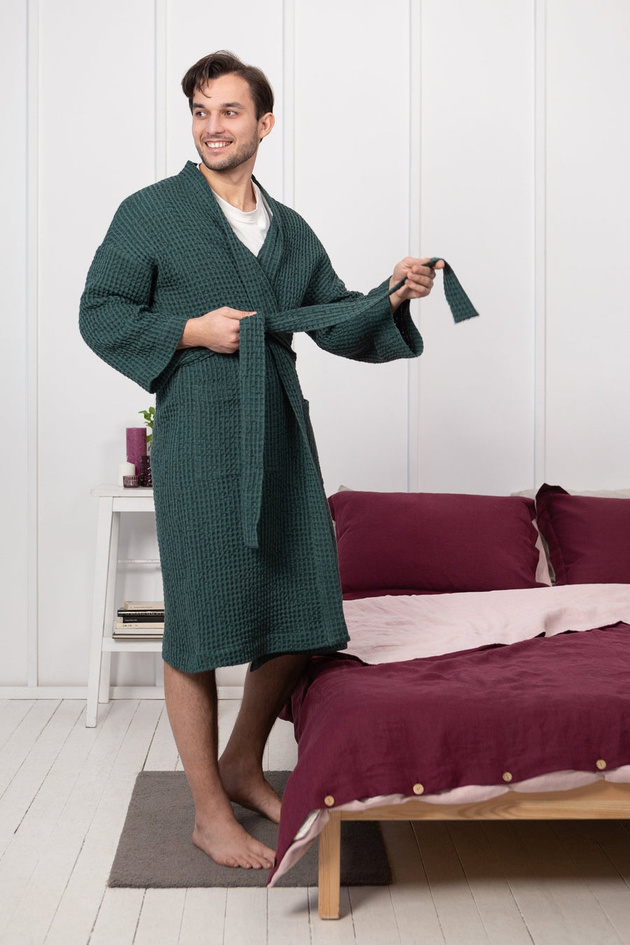 Greyish Green linen waffle robe - Linen Couture