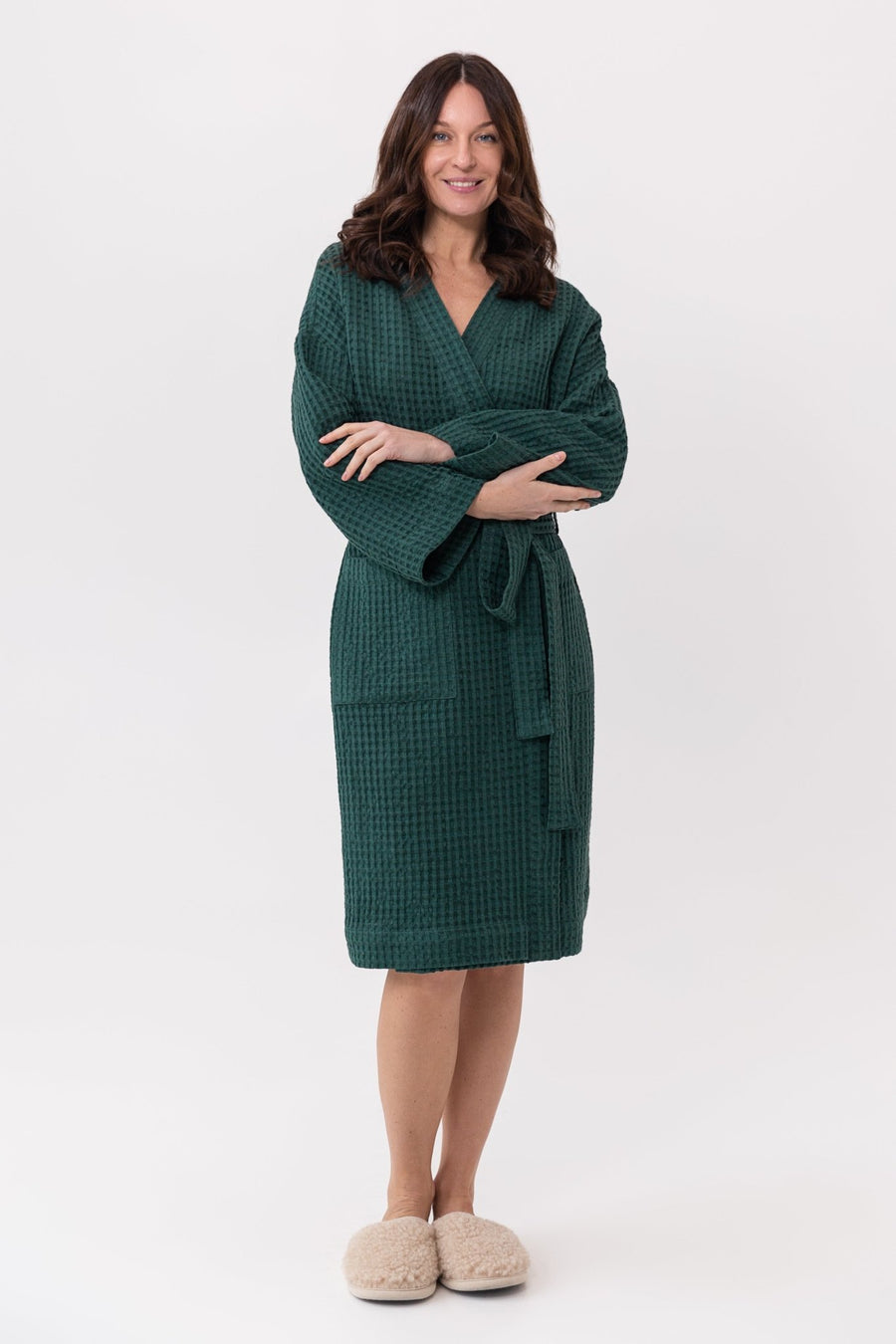 Greyish Green linen waffle robe - Linen Couture