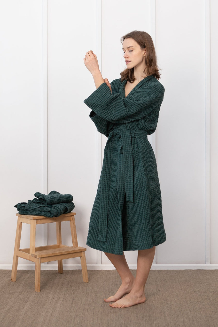 Greyish Green linen waffle robe - Linen Couture