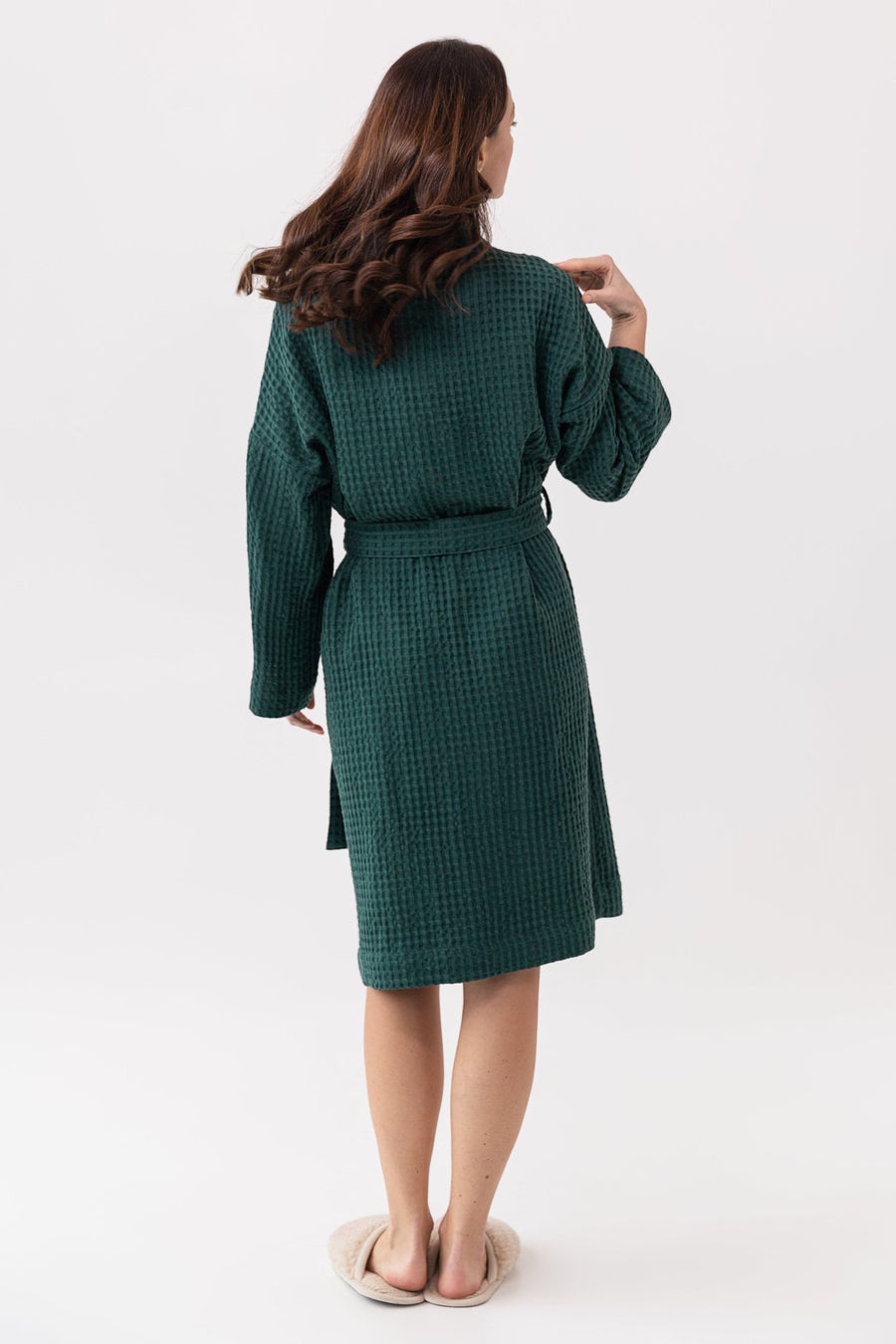Greyish Green linen waffle robe - Linen Couture