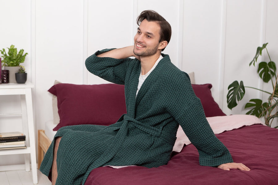 Greyish Green linen waffle robe - Linen Couture