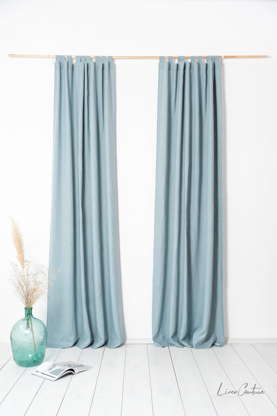 Greyish Mint linen curtain with tabs - Linen Couture