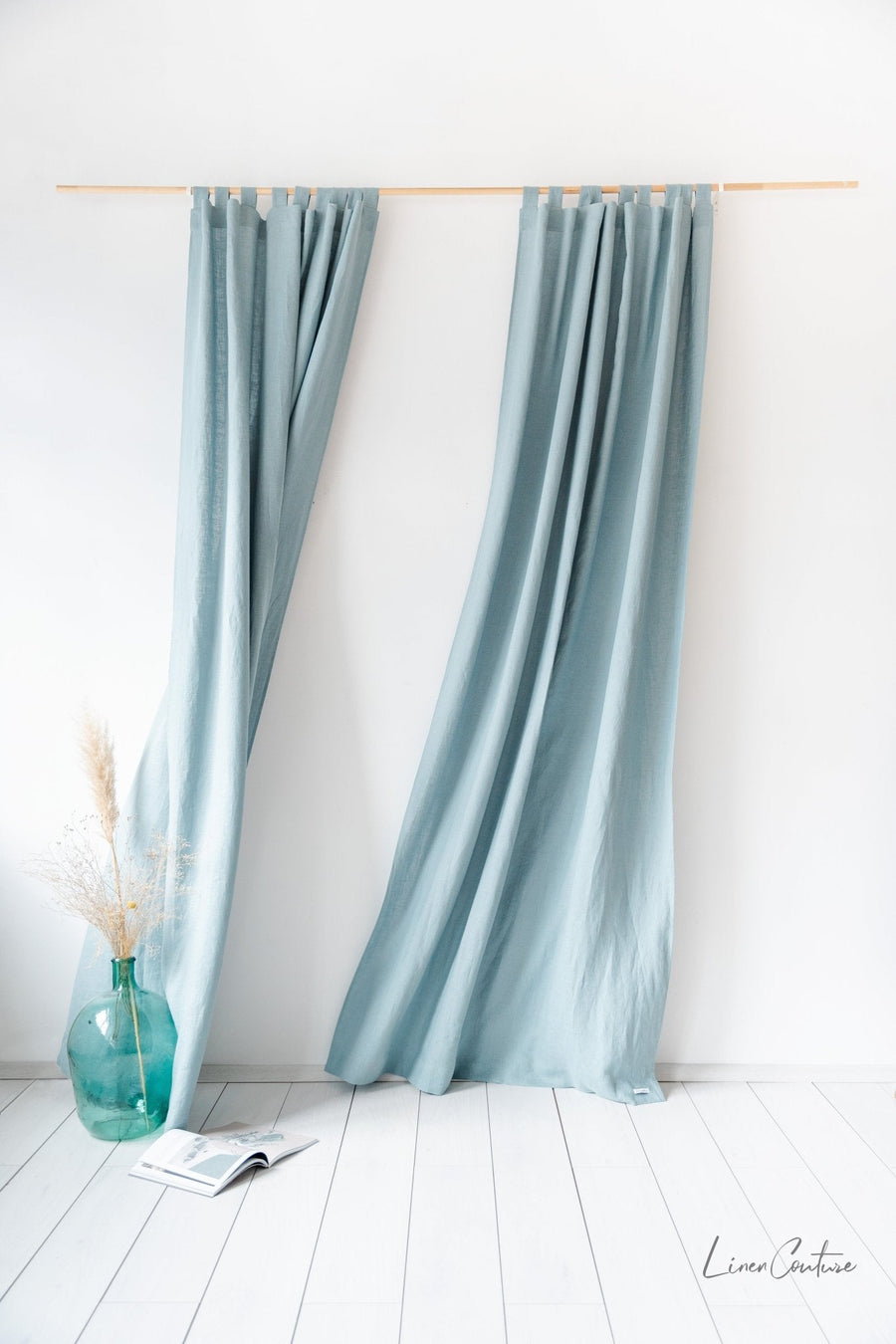 Greyish Mint linen curtain with tabs - Linen Couture