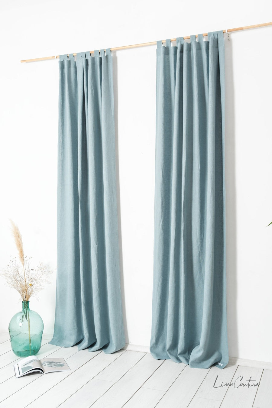 Greyish Mint linen curtain with tabs - Linen Couture