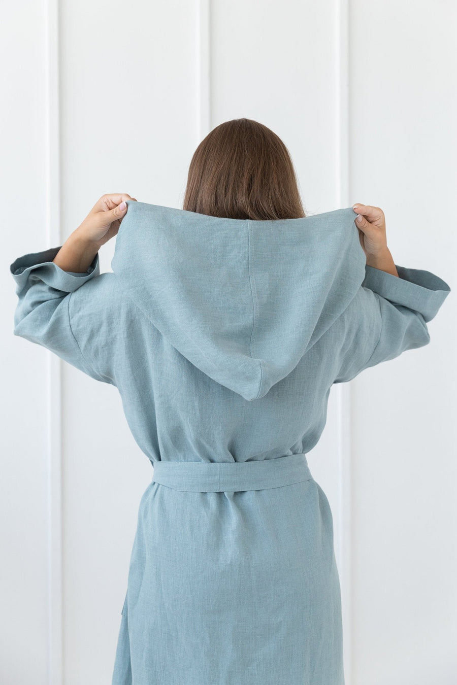 Greyish Mint linen robe with hoodie - Linen Couture