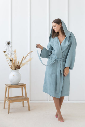 Greyish Mint linen robe with hoodie - Linen Couture