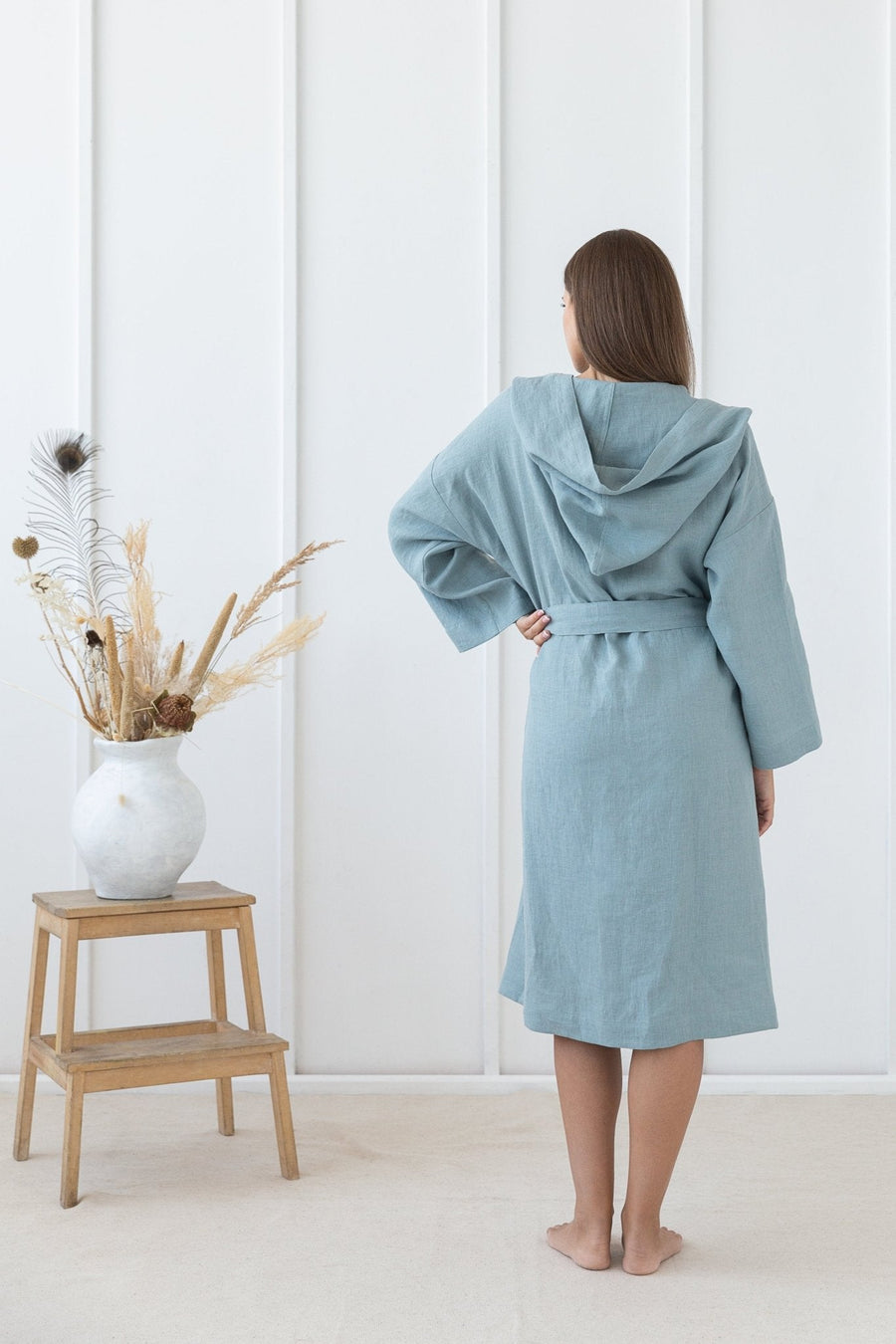 Greyish Mint linen robe with hoodie - Linen Couture