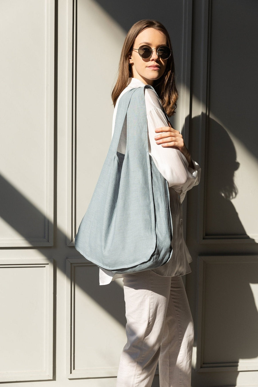 Greyish Mint linen tote bag with inside pocket - Linen Couture