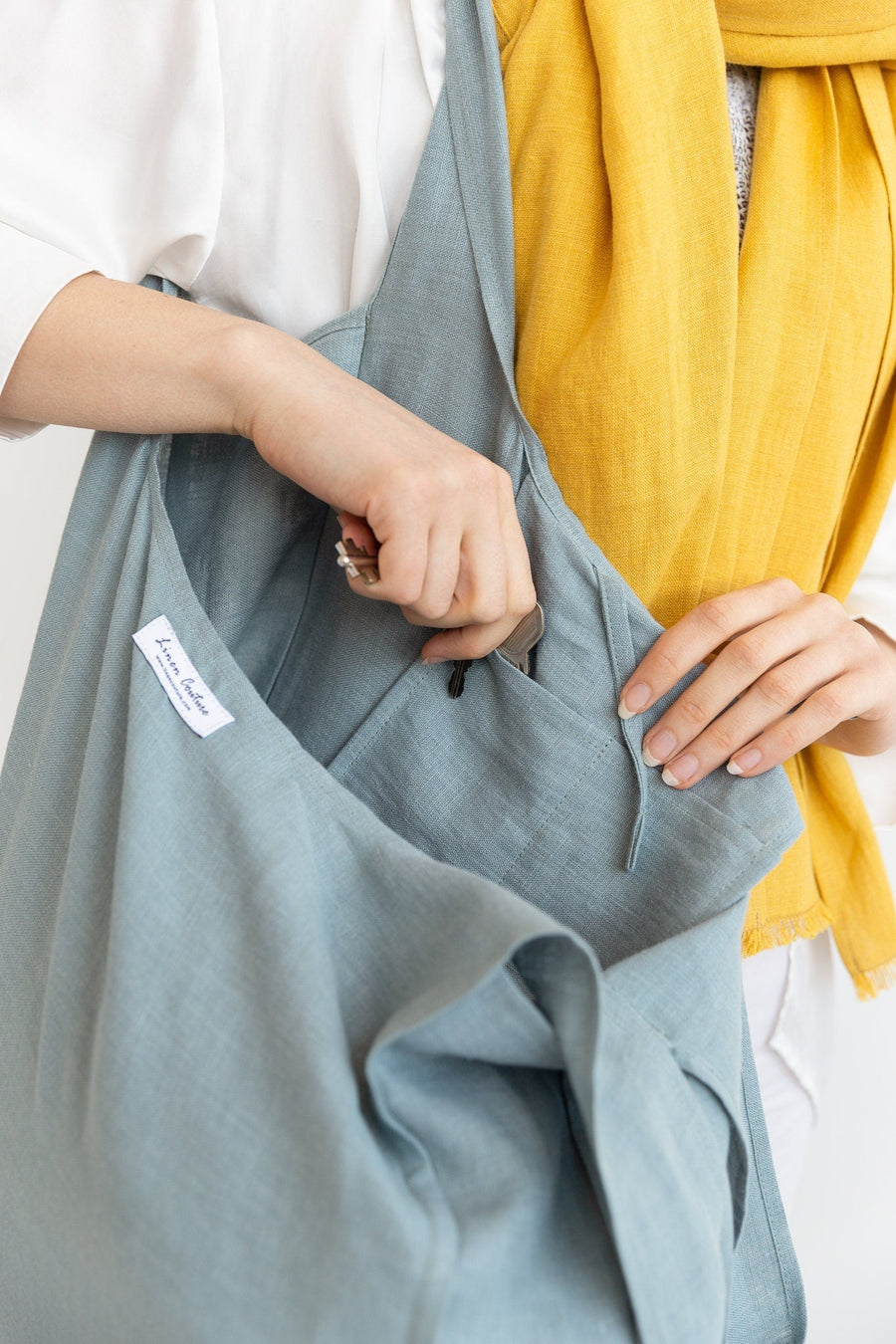 Greyish Mint linen tote bag with inside pocket - Linen Couture