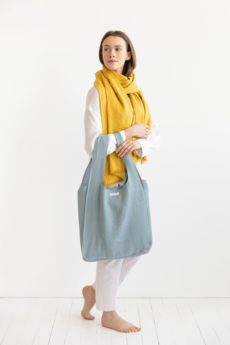 Greyish Mint linen tote bag with inside pocket - Linen Couture