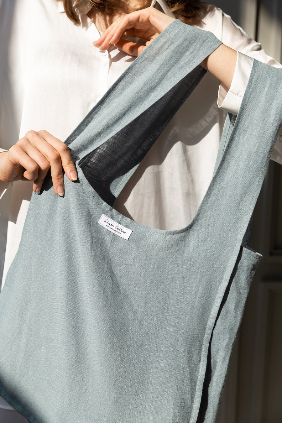 Greyish Mint linen tote bag with inside pocket - Linen Couture