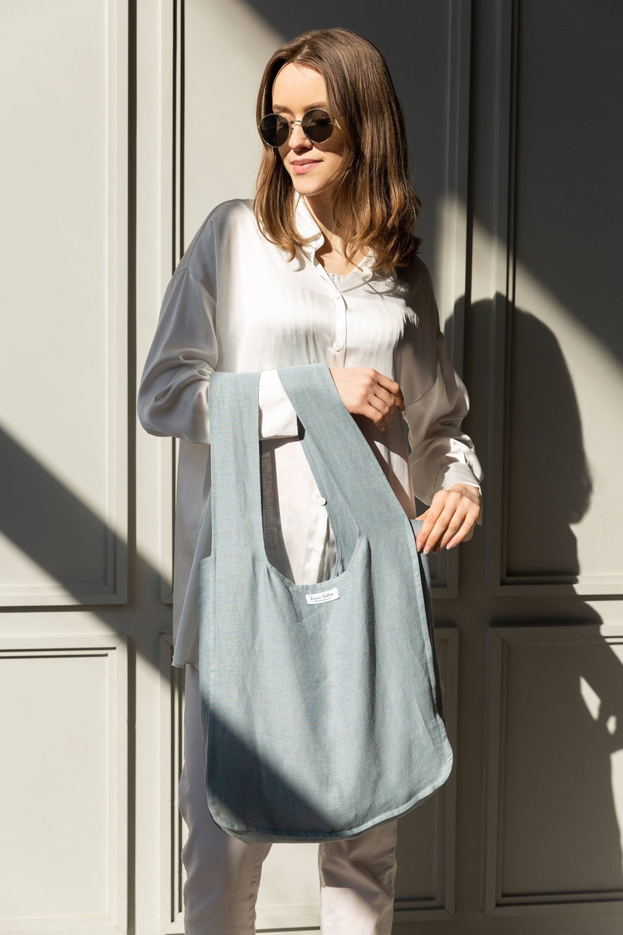 Greyish Mint linen tote bag with inside pocket - Linen Couture