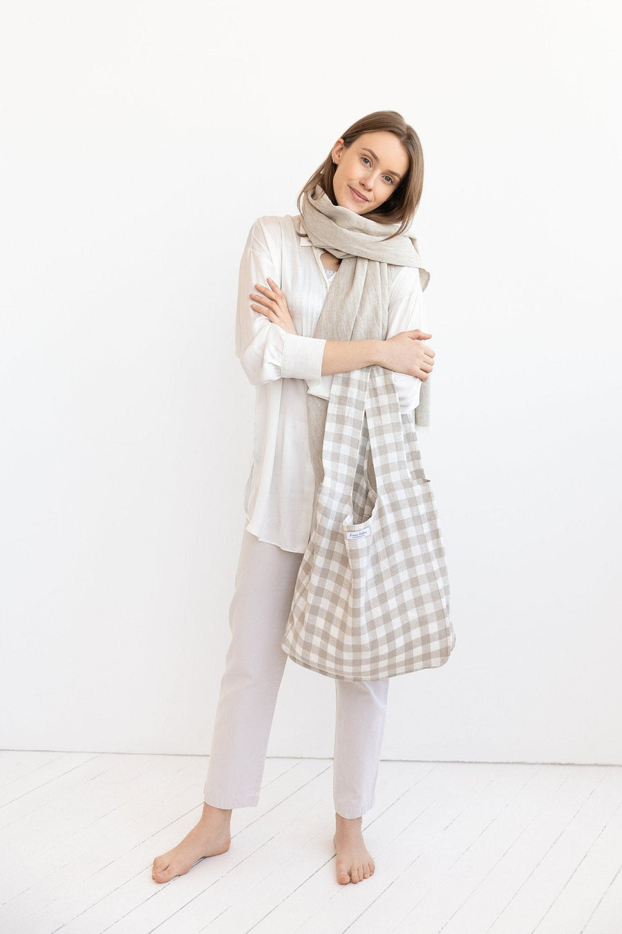 Greyish Mint linen tote bag with inside pocket - Linen Couture