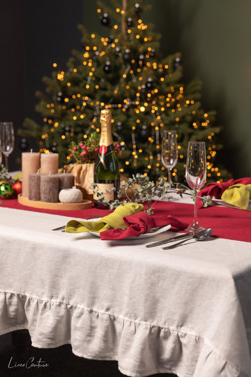 Handmade White Linen Christmas Tablecloth with Ruffles - Linen Couture