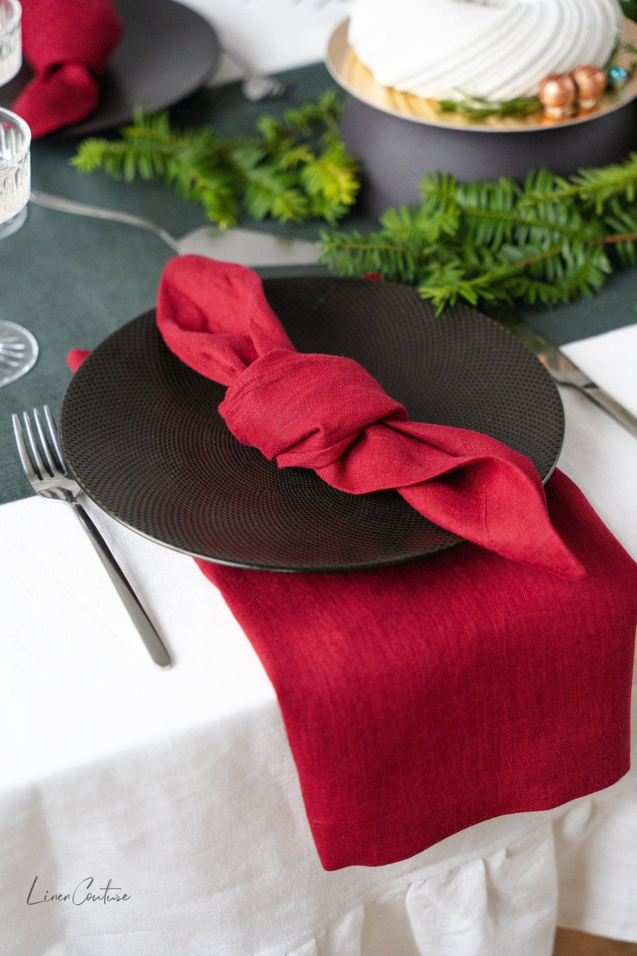 Handmade White Linen Christmas Tablecloth with Ruffles - Linen Couture