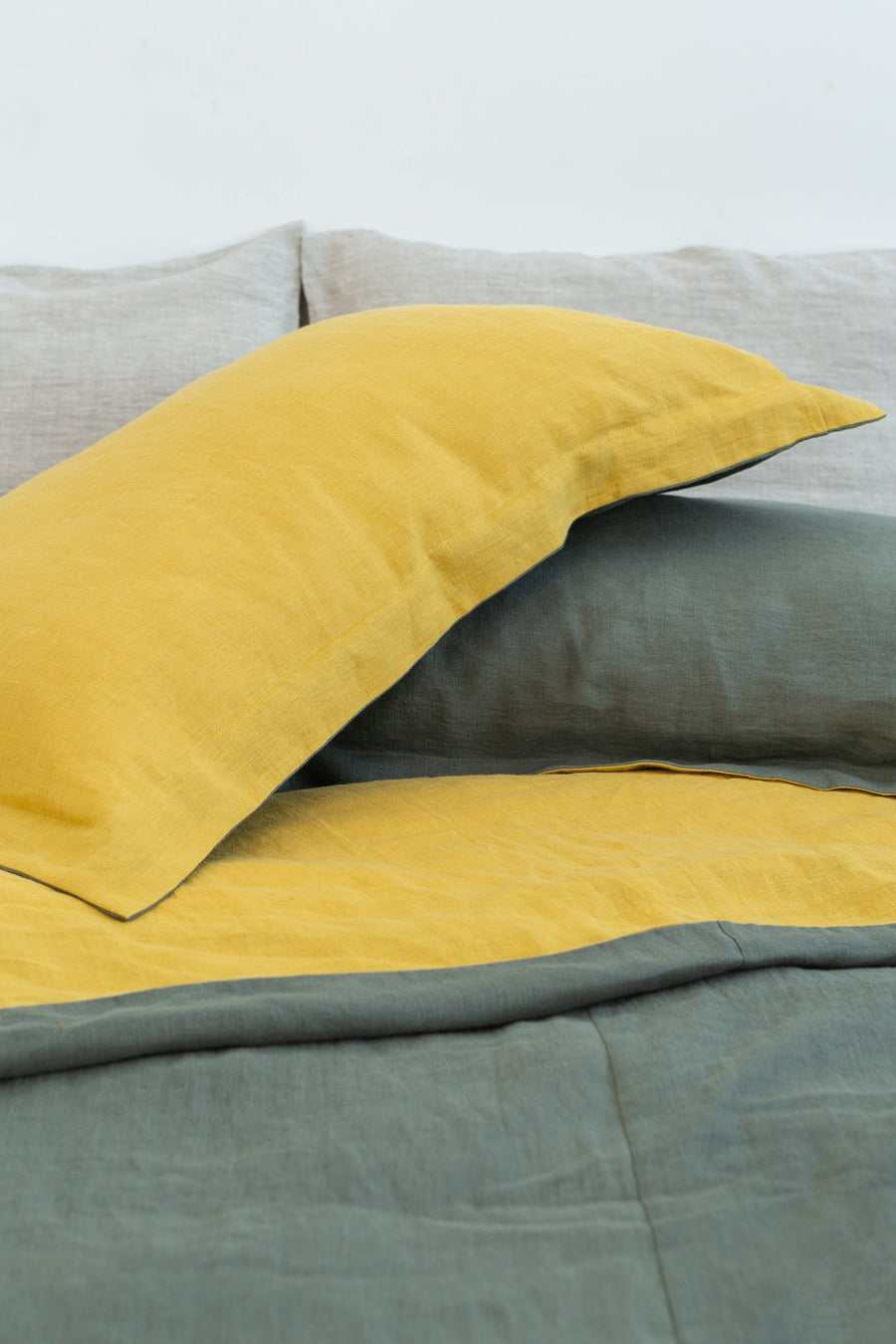 Honey and Safari Green double linen bedding set - Linen Couture