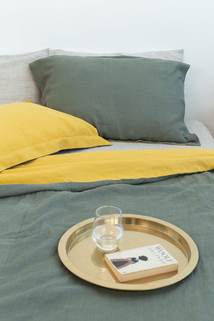 Honey and Safari Green double linen bedding set - Linen Couture