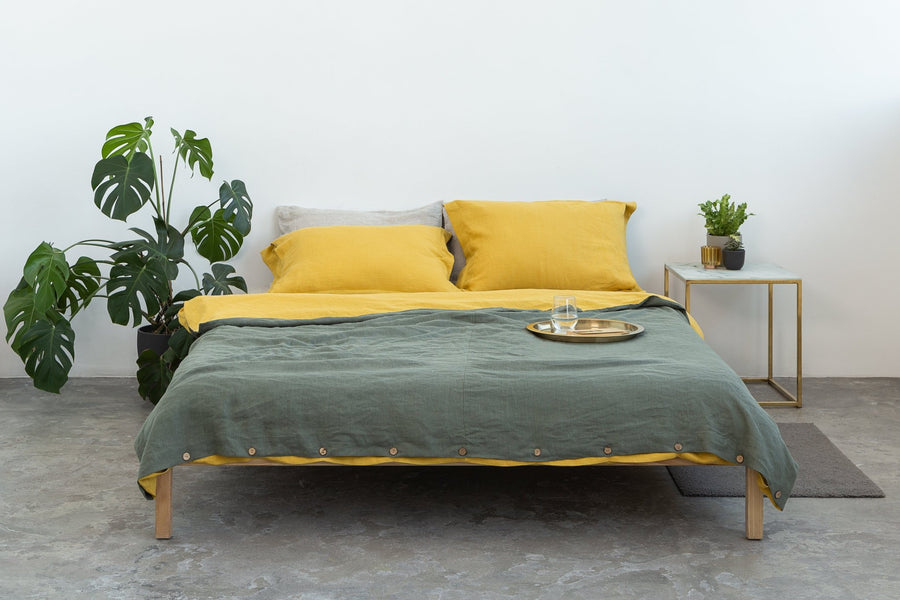 Honey and Safari Green double linen bedding set - Linen Couture
