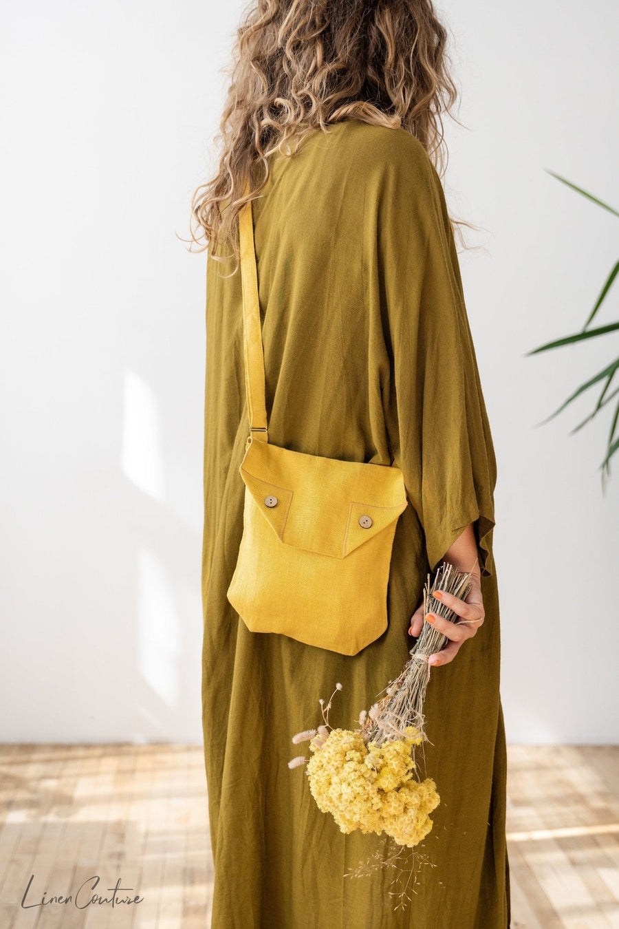 Honey Linen Shoulder Bag with Coconut Buttons and Adjustable Strap - Linen Couture