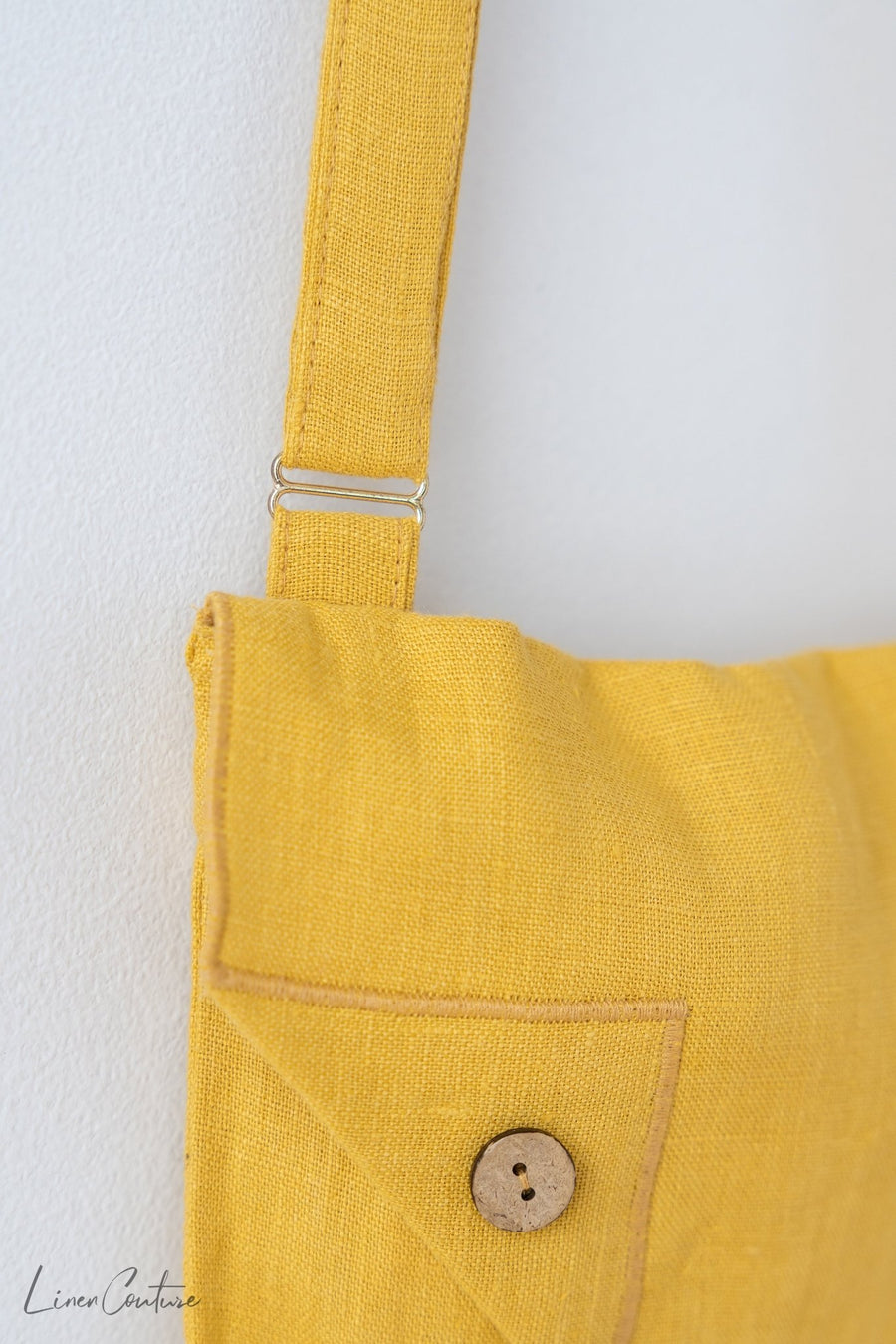 Honey Linen Shoulder Bag with Coconut Buttons and Adjustable Strap - Linen Couture