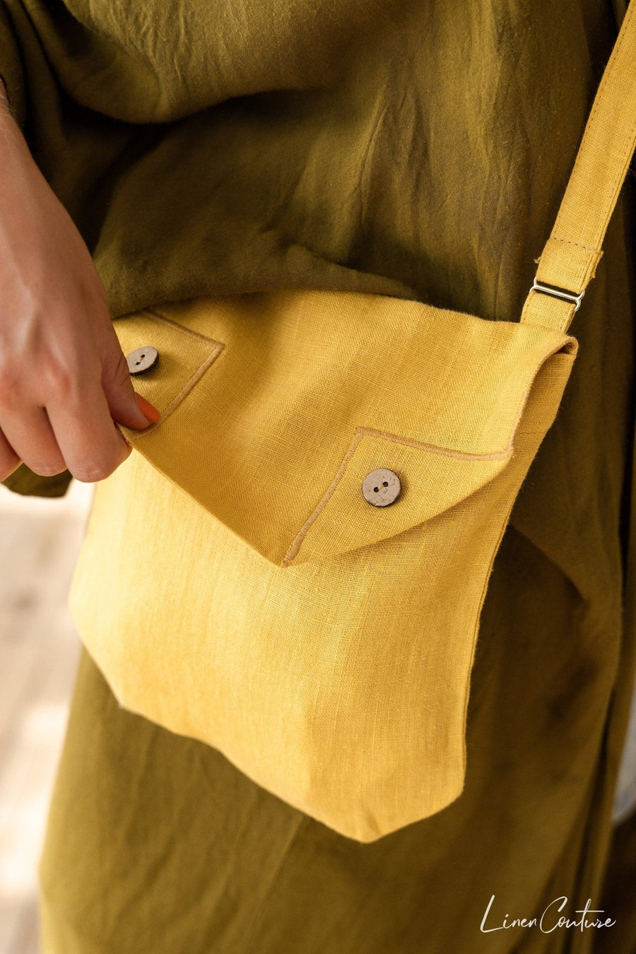 Honey Linen Shoulder Bag with Coconut Buttons and Adjustable Strap - Linen Couture