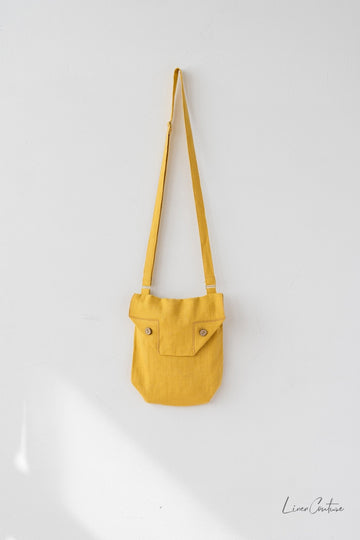 Honey Linen Shoulder Bag with Coconut Buttons and Adjustable Strap - Linen Couture