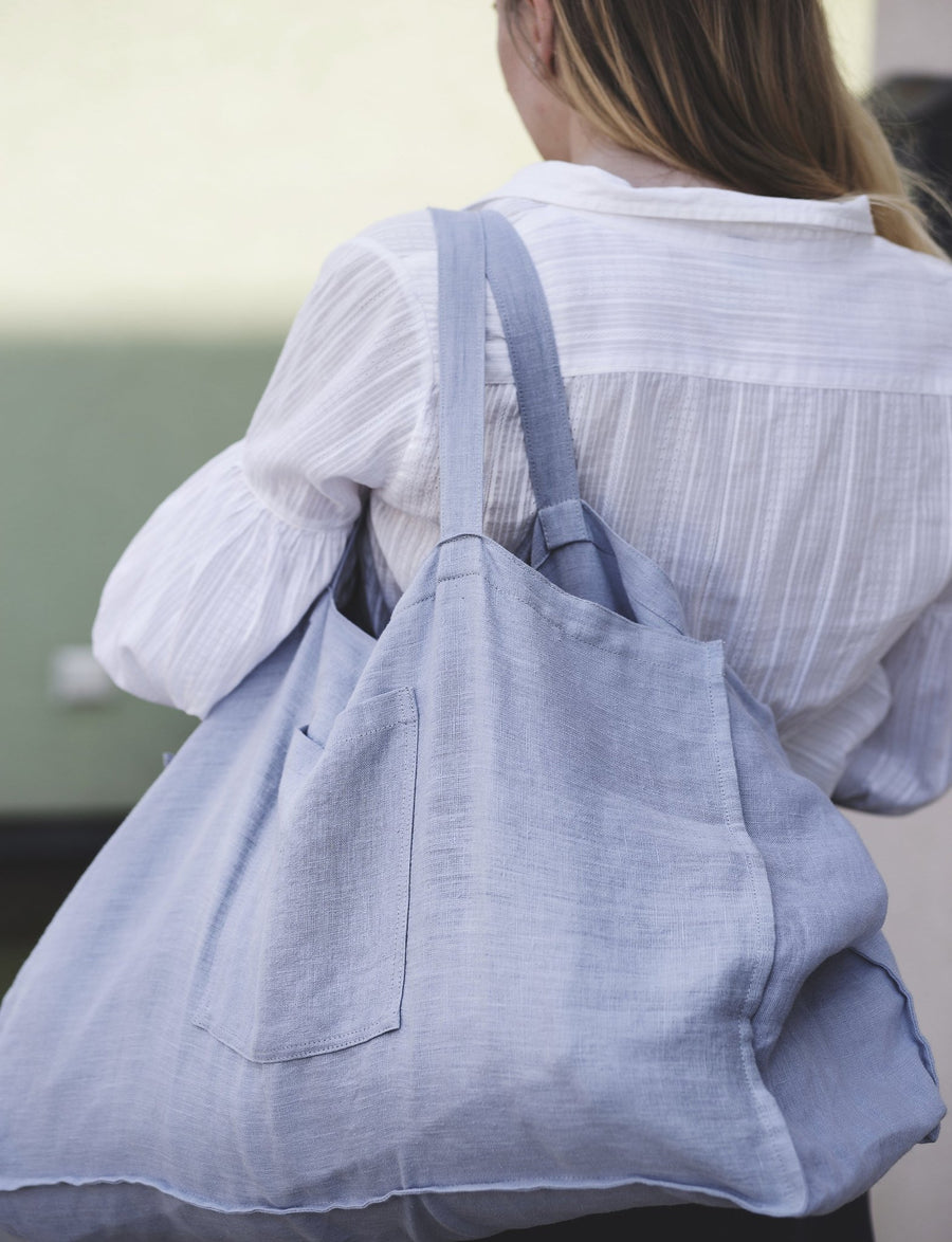 Ice Blue linen beach bag with pocket - Linen Couture