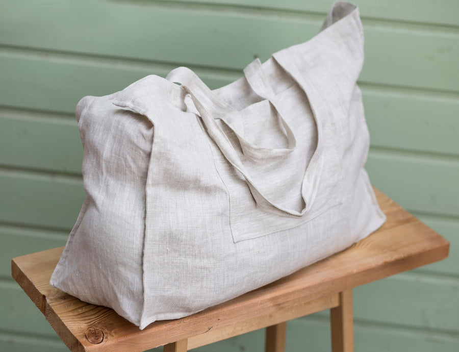 Ice Blue linen beach bag with pocket - Linen Couture