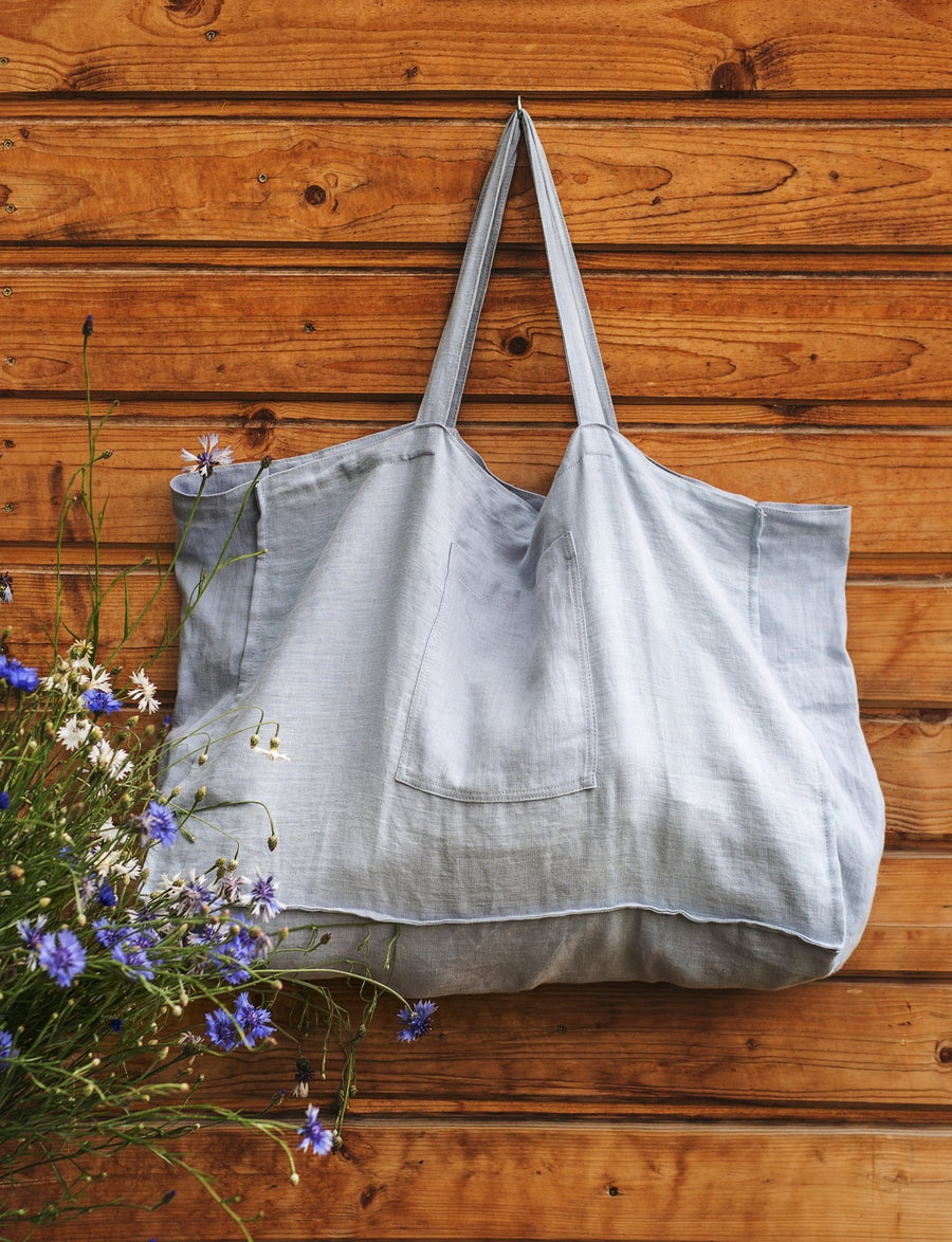 Ice Blue linen beach bag with pocket - Linen Couture