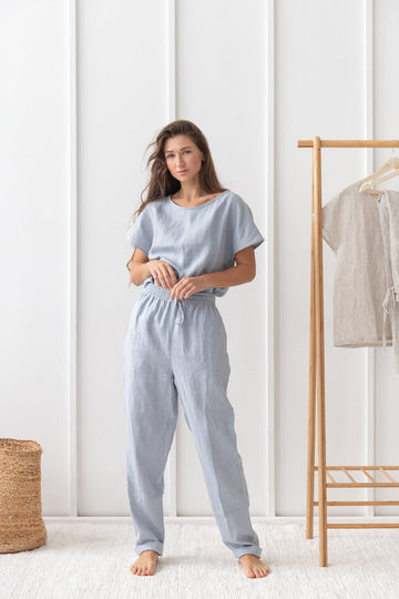Ice Blue linen / Natural Linen Pajama set / Linen loungewear / Linen sleepwear - Linen Couture