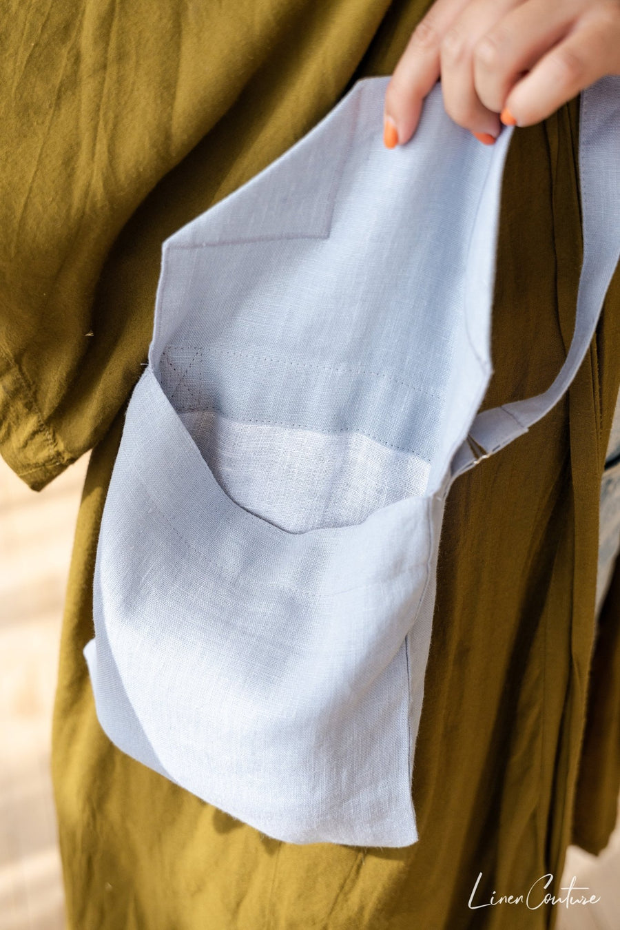 Ice Blue Linen Shoulder Bag with Coconut Buttons and Adjustable Strap - Linen Couture