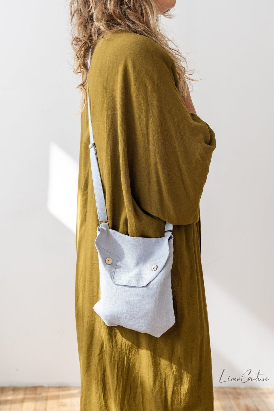 Ice Blue Linen Shoulder Bag with Coconut Buttons and Adjustable Strap - Linen Couture