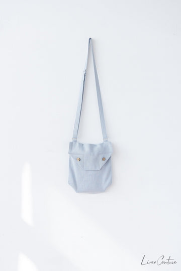 Ice Blue Linen Shoulder Bag with Coconut Buttons and Adjustable Strap - Linen Couture