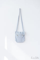 Ice Blue Linen Shoulder Bag with Coconut Buttons and Adjustable Strap - Linen Couture