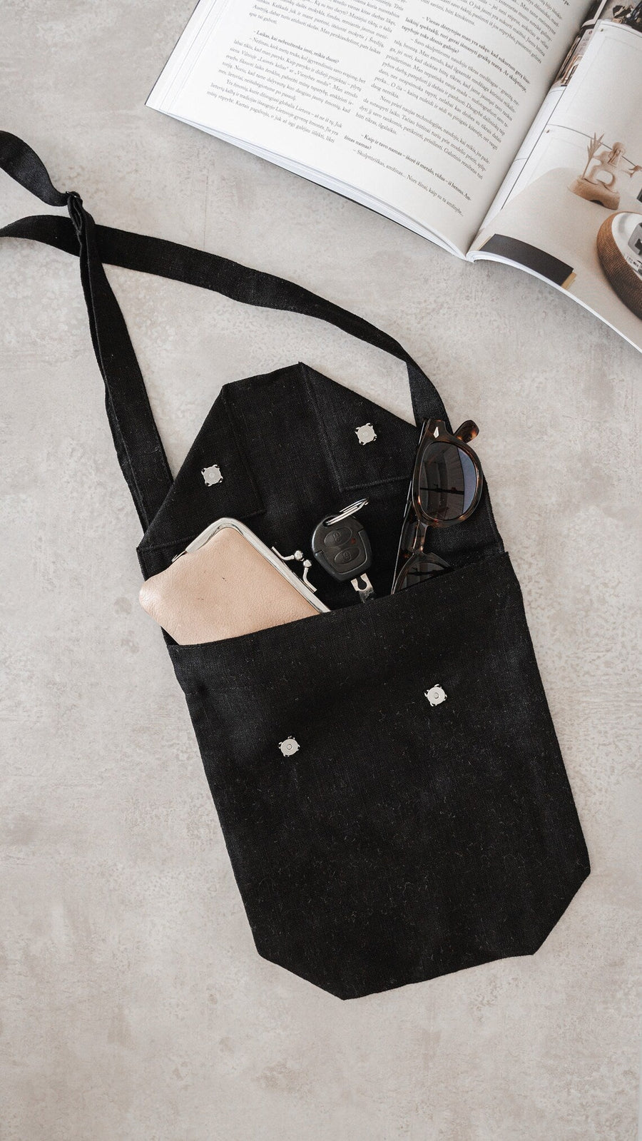 Ice Blue Linen Shoulder Bag with Coconut Buttons and Adjustable Strap - Linen Couture