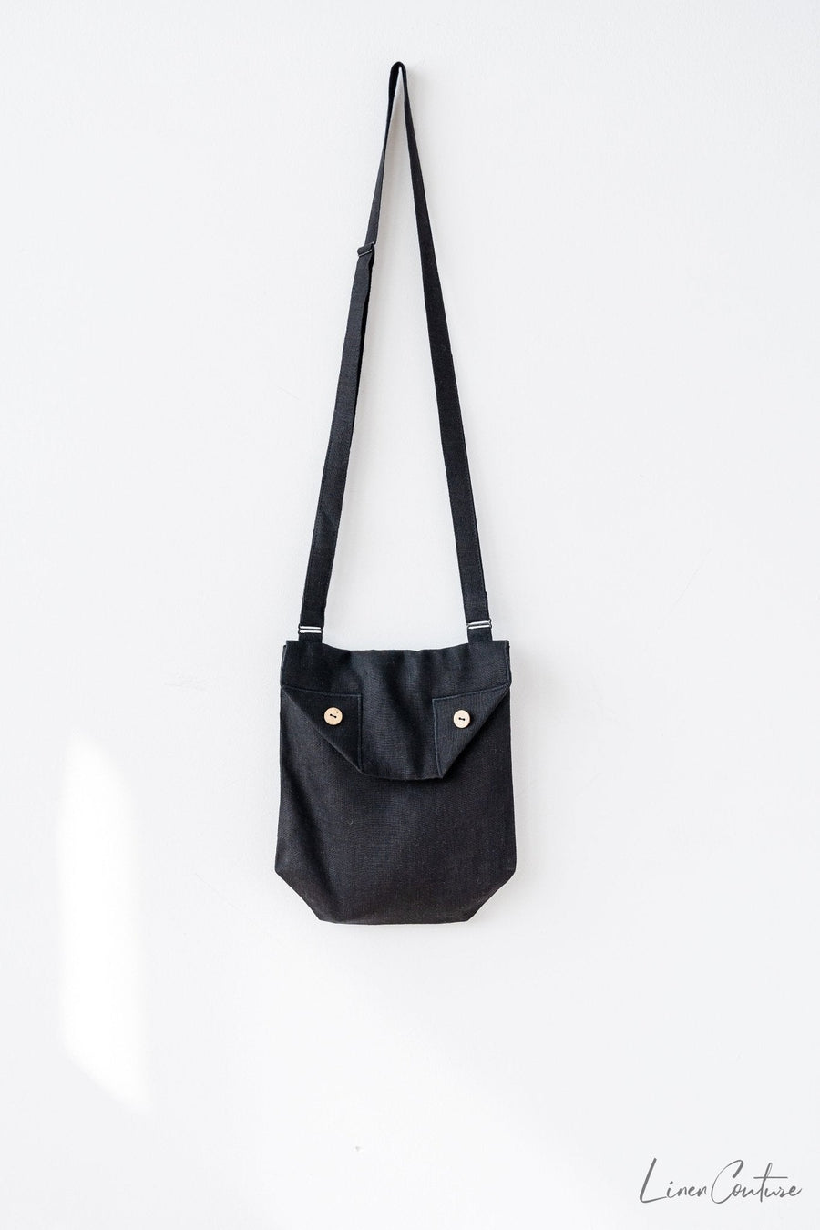 Ice Blue Linen Shoulder Bag with Coconut Buttons and Adjustable Strap - Linen Couture