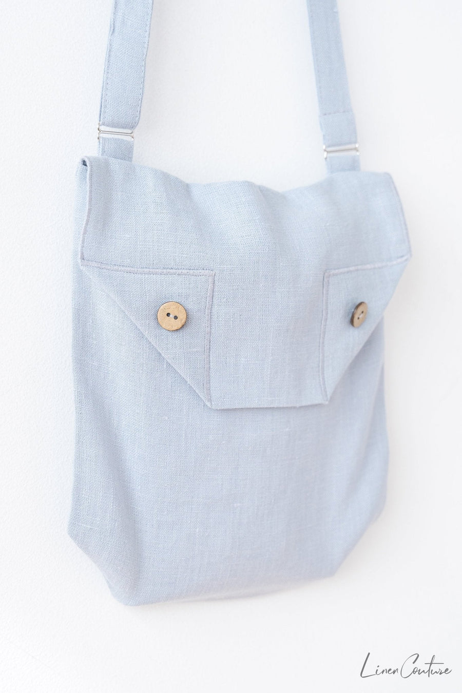 Ice Blue Linen Shoulder Bag with Coconut Buttons and Adjustable Strap - Linen Couture