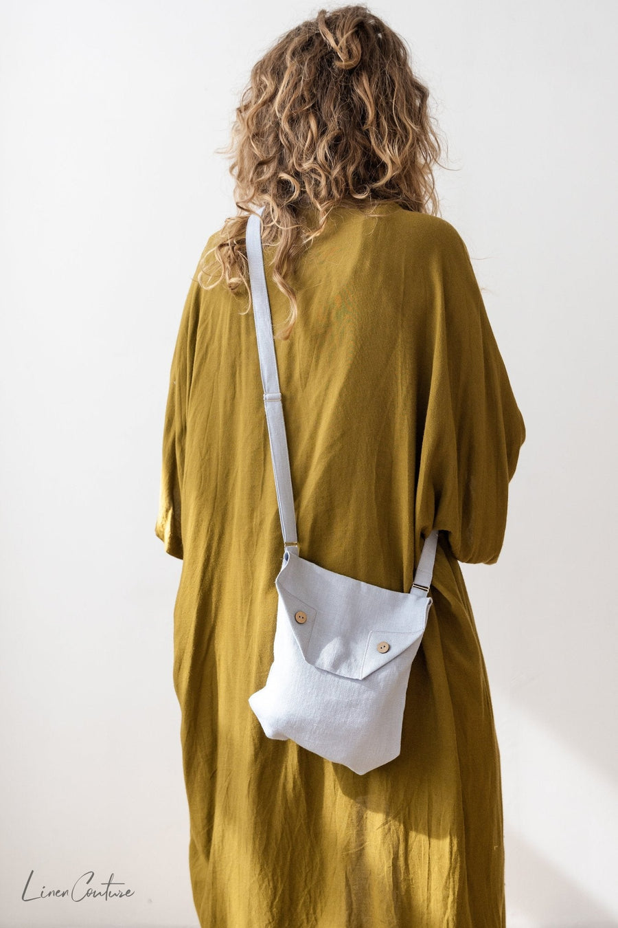 Ice Blue Linen Shoulder Bag with Coconut Buttons and Adjustable Strap - Linen Couture