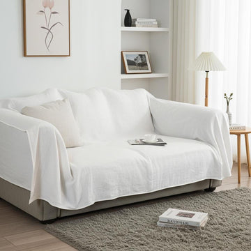 White Linen Sofa Slipcover – Handmade Custom Couch Cover, Washable Linen L-Shape Furniture Protector