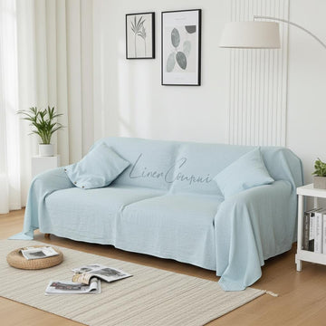 Natural Baby Blue Linen Sofa Cover: Stonewashed European Linen Slipcover