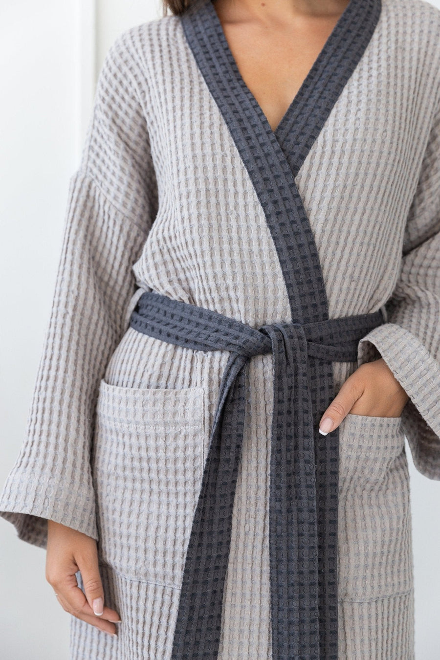Light Grey and Grey linen waffle robe two tones - Linen Couture
