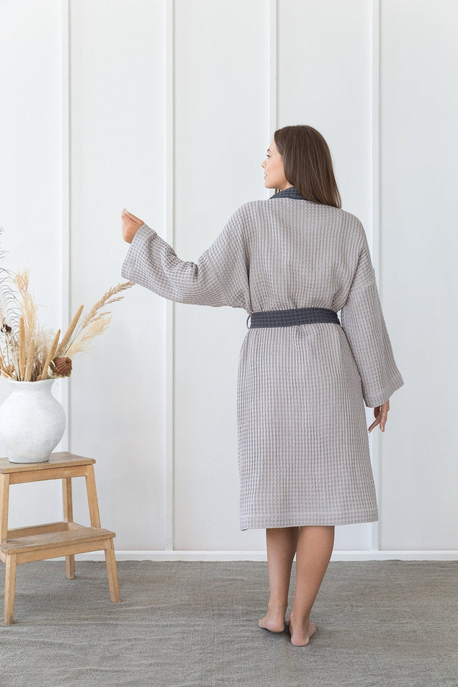 Light Grey and Grey linen waffle robe two tones - Linen Couture