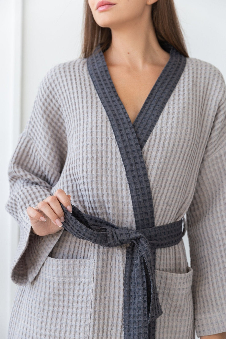 Light Grey and Grey linen waffle robe two tones - Linen Couture