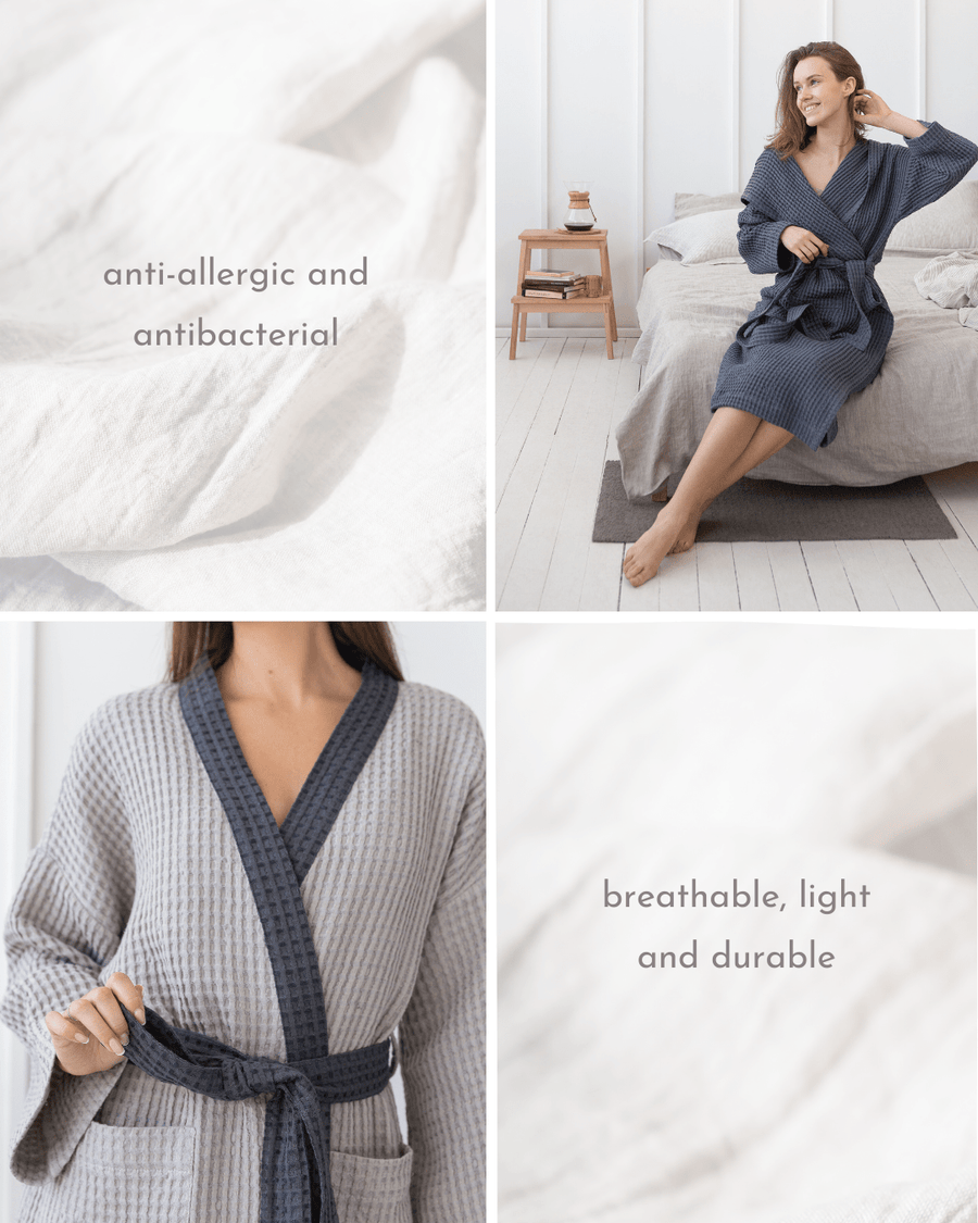 Light Grey and Grey linen waffle robe two tones - Linen Couture